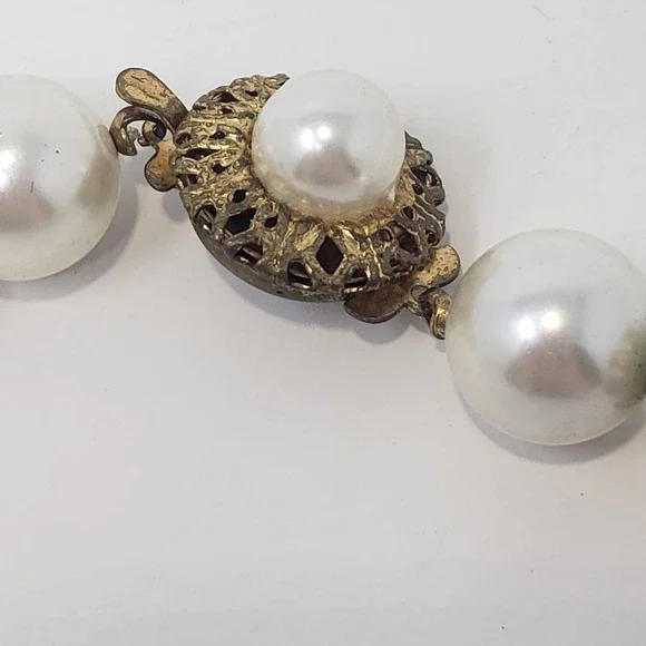 Cream Faux Pearl Clear Faceted Beach Strand String Necklace Gold Tone Filigree - Picture 3 of 4